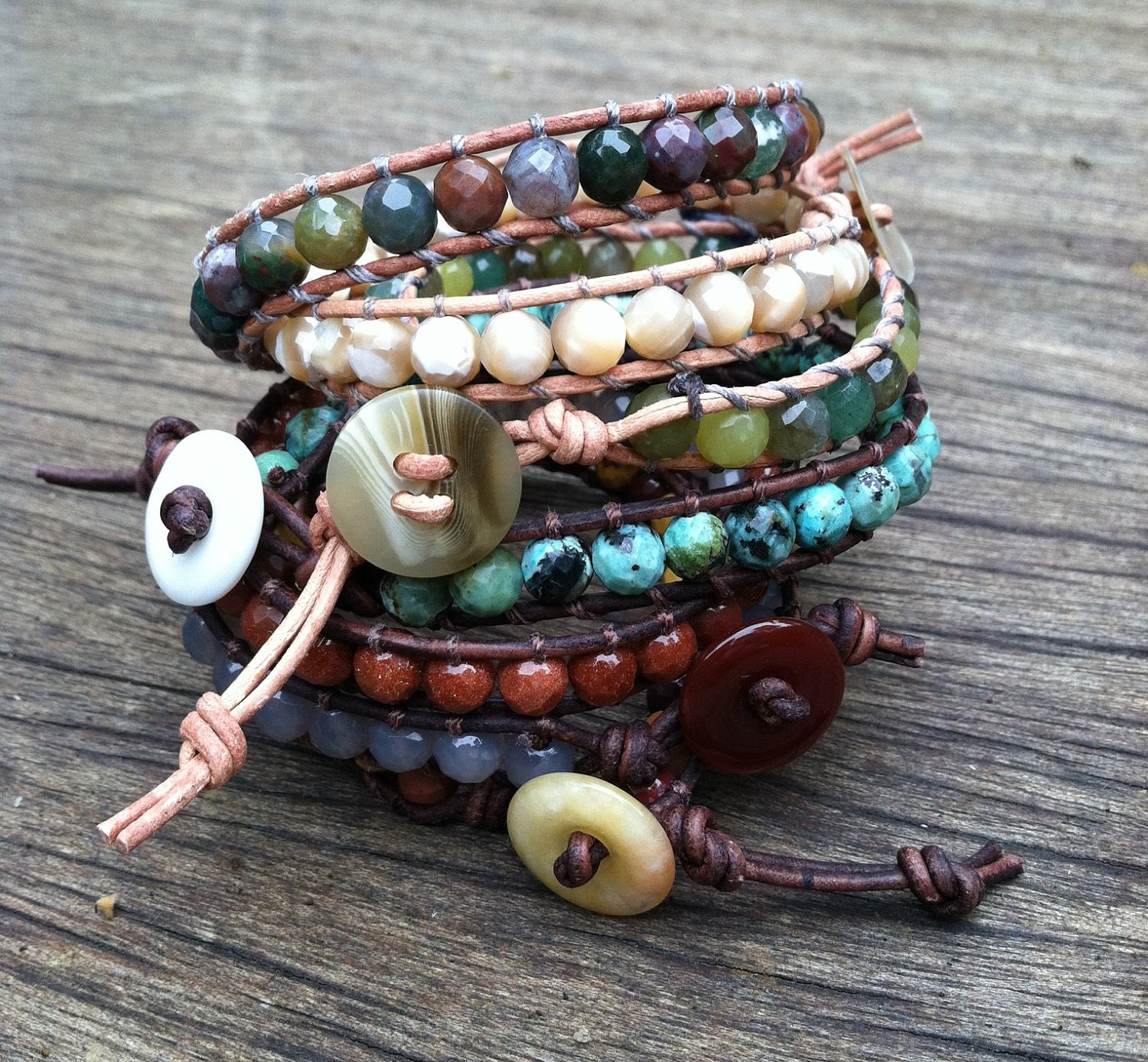 Hand woven beaded leather bracelet