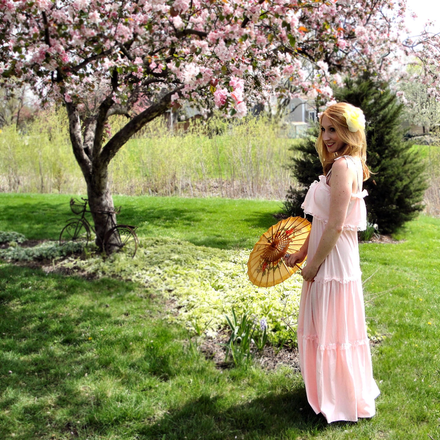 Vintage Pastel Pink Maxi Dress - Tiers of Ruffles and Lace - Ribbon Bow and Spaghetti Straps