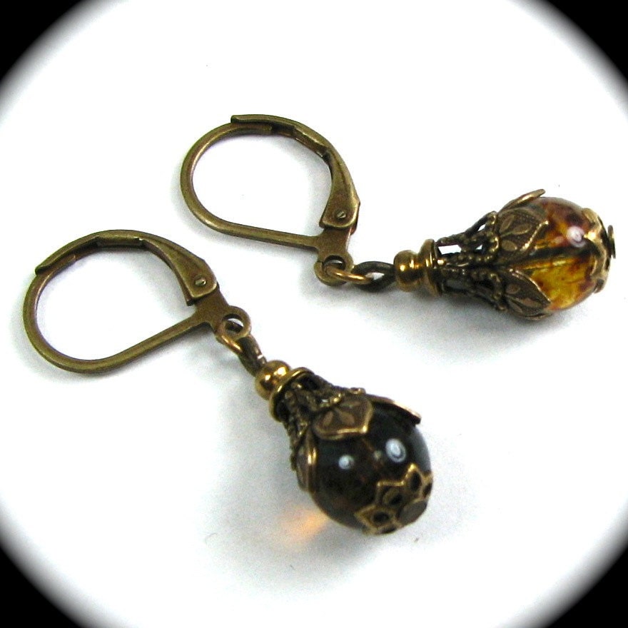 Exquisite Neo Victorian Drop Earrings with TORTOISESHELL Czech Glass and Brass Filigree by Nouveau Motley