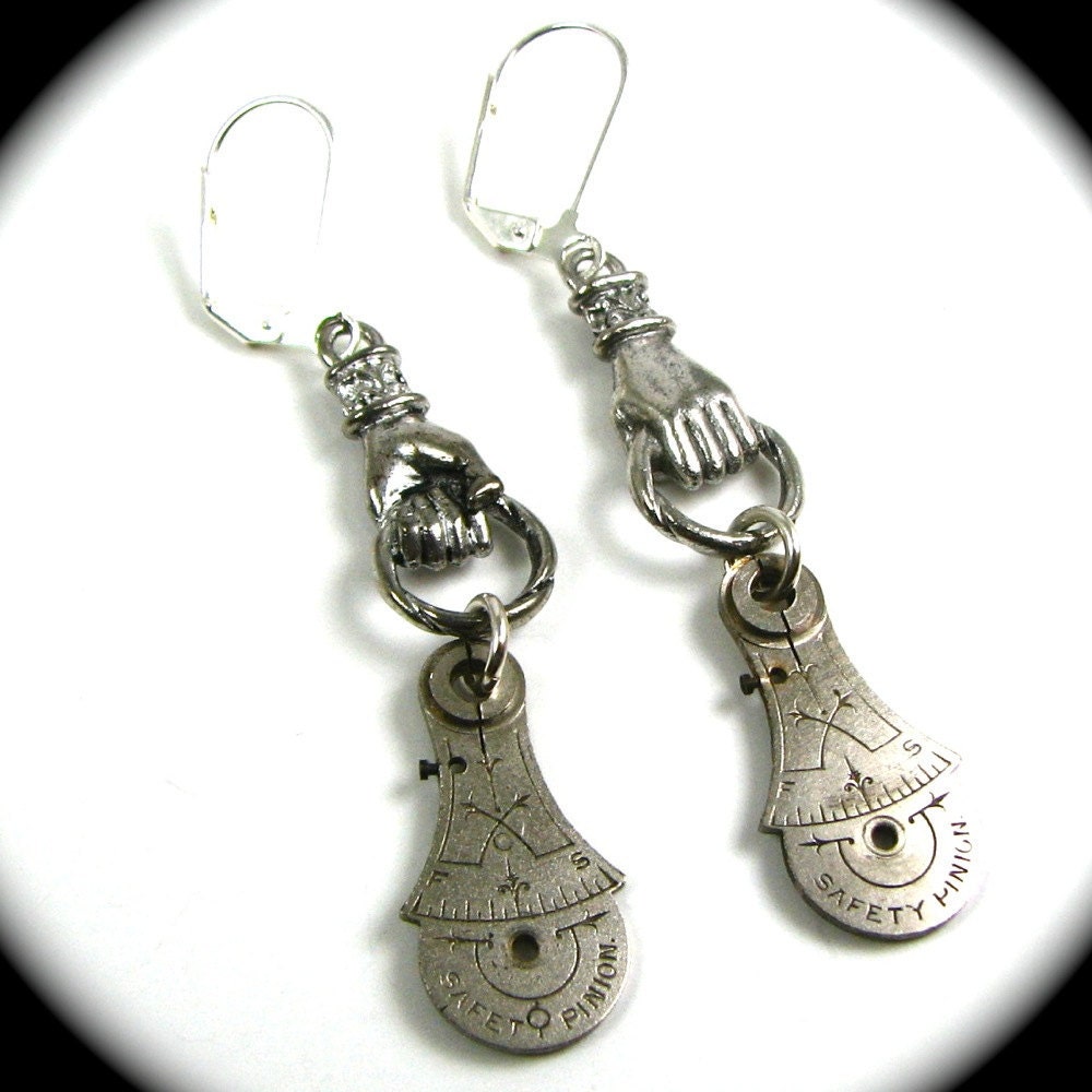 Steampunk Earrings with HANDS Holding RARE Highly Detailed Pocket Watch Regulators in Silver by Nouveau Motley