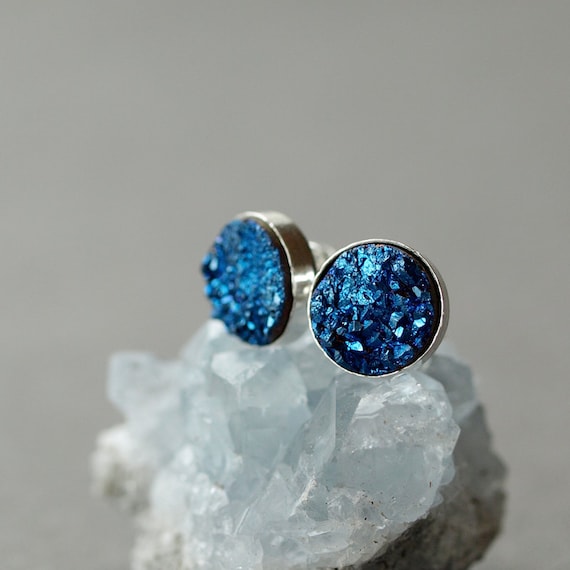 Electric Blue Bold Druzy Stud Earrings Posts Handmade Jewelry