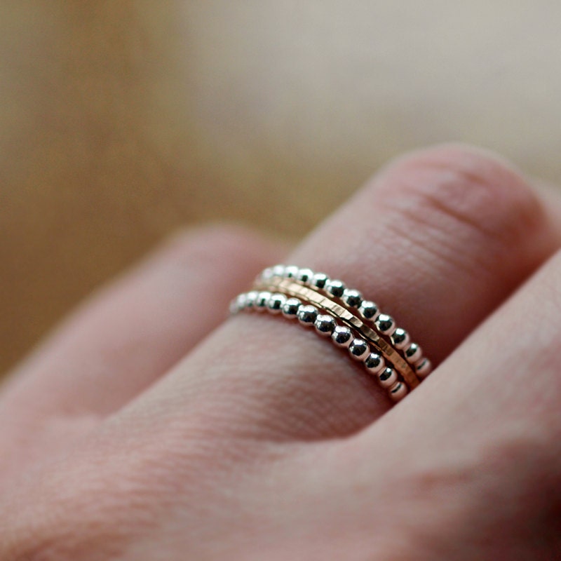 Sterling Silver Dotted 14k Yellow Gold Hammered Stacking Ring Band Set Recycled Gold Ethical Mixed Metal Handmade Jewelry