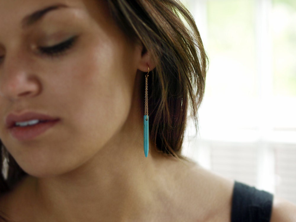 Turquoise Howlite Spear Earrings Boho Long Dangle Gold Southwestern Jewelry