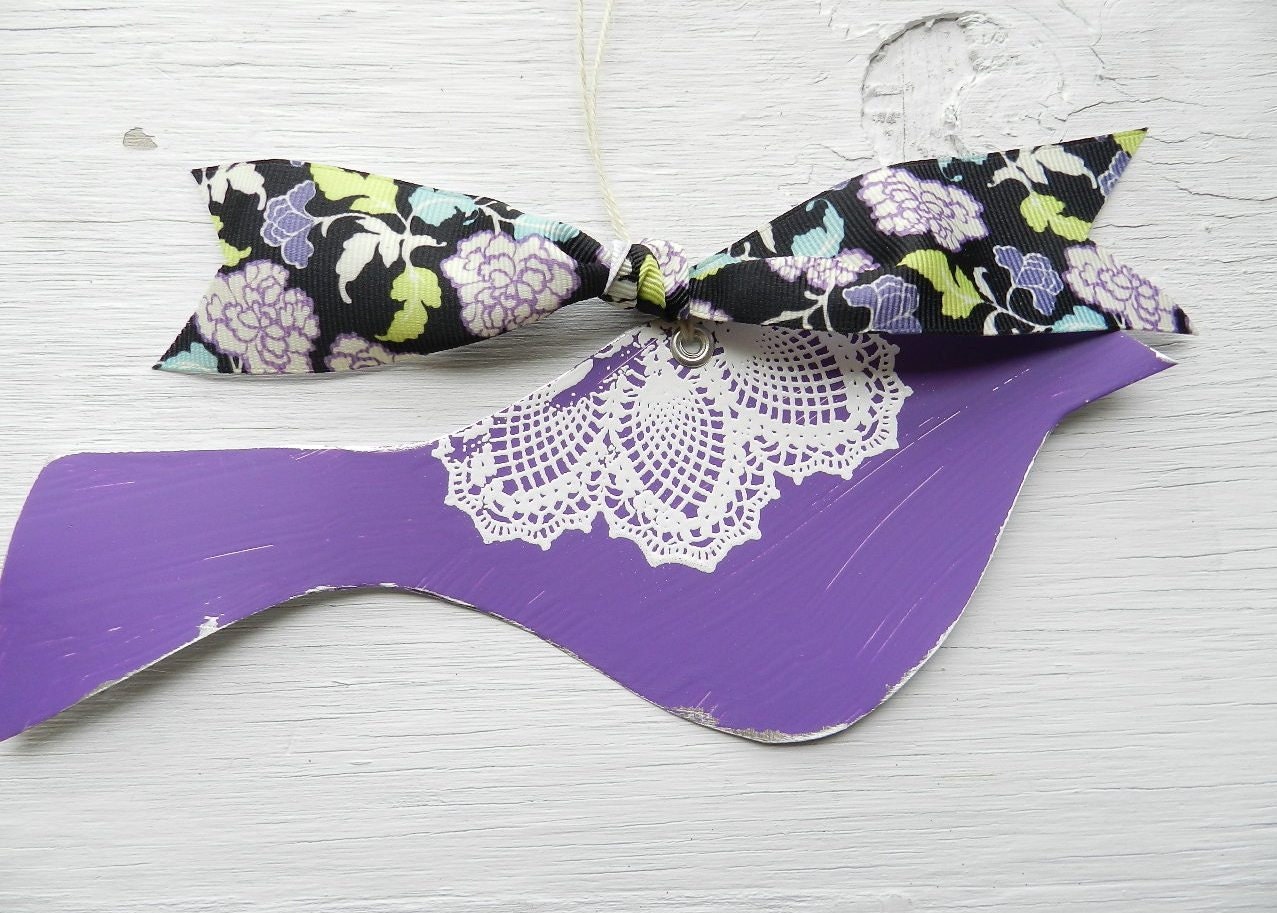 Bird wall decor purple tin bird with white doily image and colorful ribbon