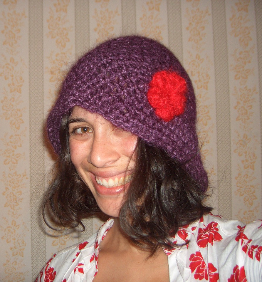 Purple Short Brimmed NZ Merino, Mohair and Silk WOOL Blend Hat with Red Mohair Flower Pin