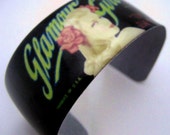 Resin art cuff bangle bracelet - Retro 50s pin-up pretty Glamour girl on black