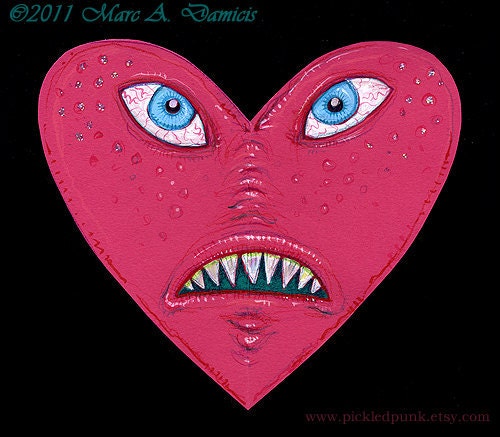 Valentine's Monster, original lowbrow art, heart head freak