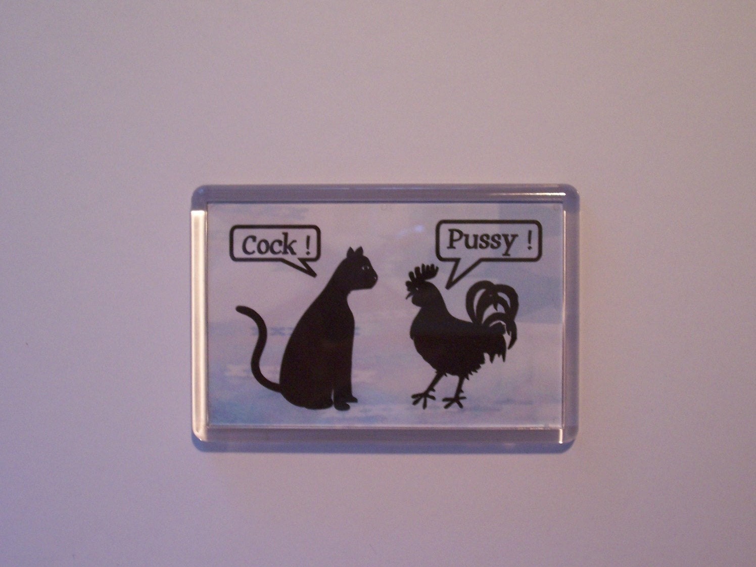 Animal, Humor, Cat, Rooster, Cock, Pussy, Acrylic, Art, Magnet, Blue Black, Silhouette