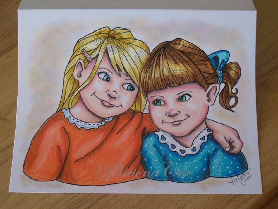 ORIGINAL drawing, girls, friendship, sisters, couple,  hand drawn, childrens illustration, blank note card, girl card