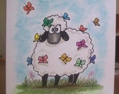Sheep, Butterflies, ORIGINAL drawing, animal illustration, hand drawn, small format art, blank note card, humor