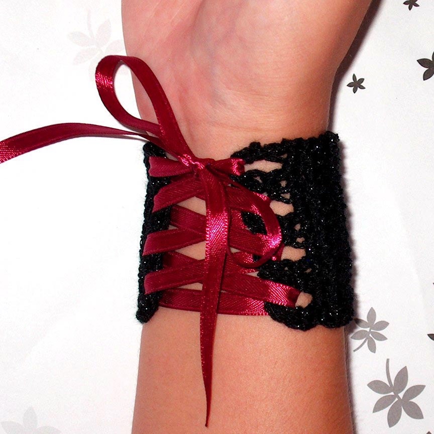 Gothic Wrist Cuff - Small - black with maroon ribbon