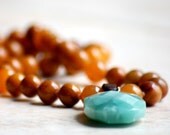Camel Jasper & Blue Amazonite Statement Necklace Long with leather bale