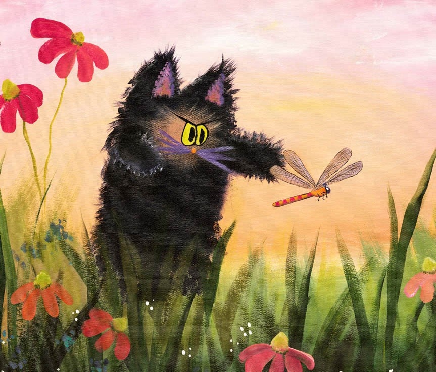 Catzilla With Dragonfly - Matted Print