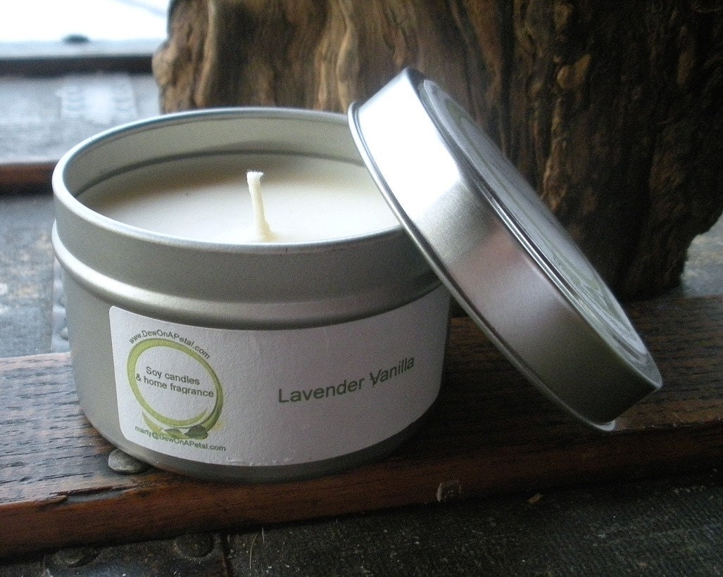 Lavender Vanilla Scented Soy Candle, Travel Tin 6 oz