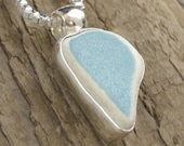 Genuine Turquoise Beachcombed Pottery Shard Pendant Bezel Set in Sterling Silver