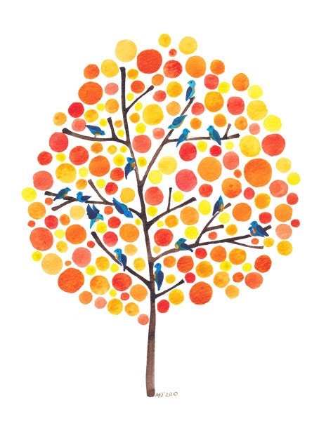Bluebirds Watercolour Tree Painting Reproduction