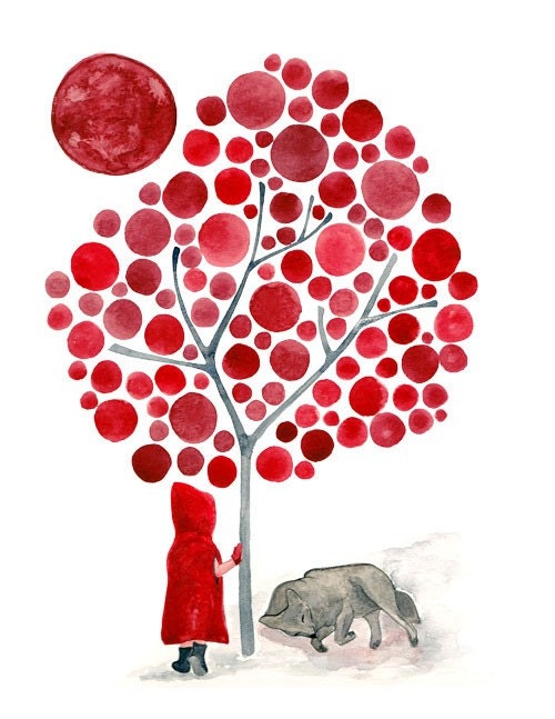 Watercolor Little Red Riding Hood and the Wolf Art Print Fairy Tale Artwork