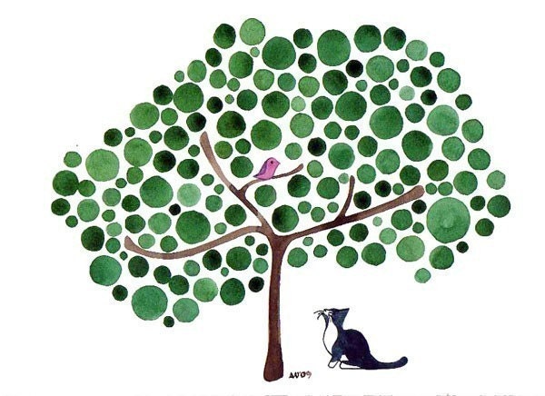 Watercolour Bird Watching Art Print for Cat Lovers