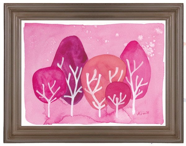 Whimsical Watercolor Pink Forest Art Print Reproduction Baby Girl Wall Art