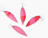 earrings . short feather . recycled billboard banner in fushia, red and white