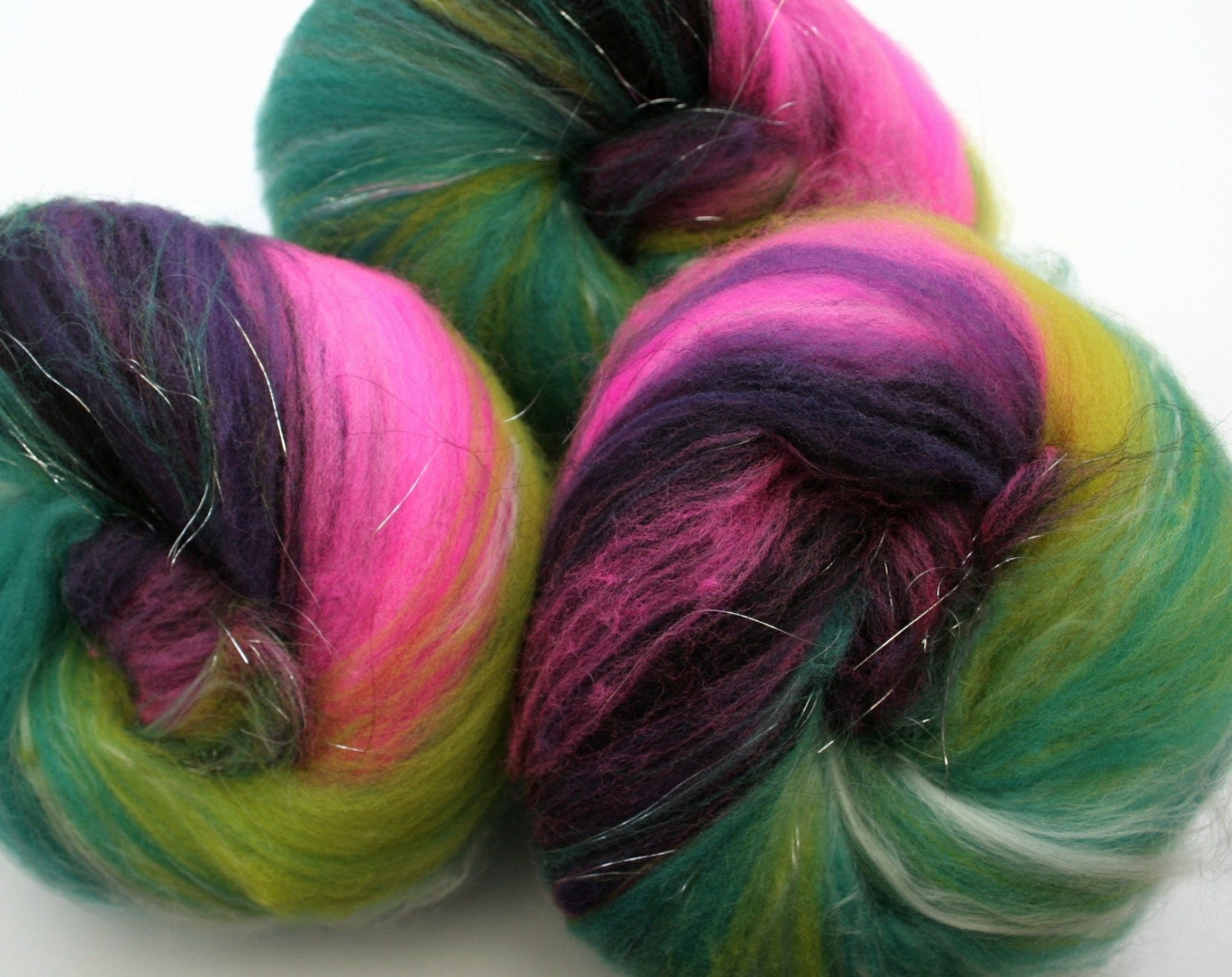 Electric wildflower-- hand carded batts (3.1 oz. per set) merino, tencel, alpaca, and sparkle