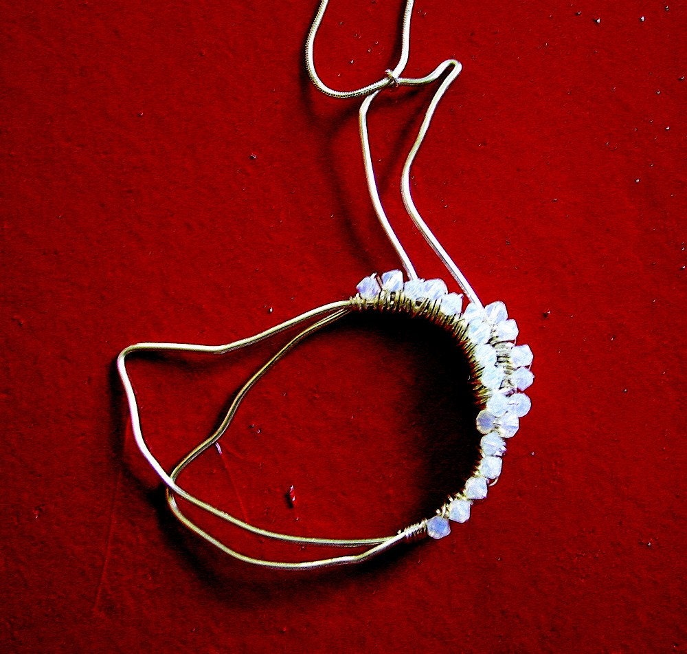 Hand Forged Swan Sterling and Opal Crystal Wire Wrapped Pendant Necklace