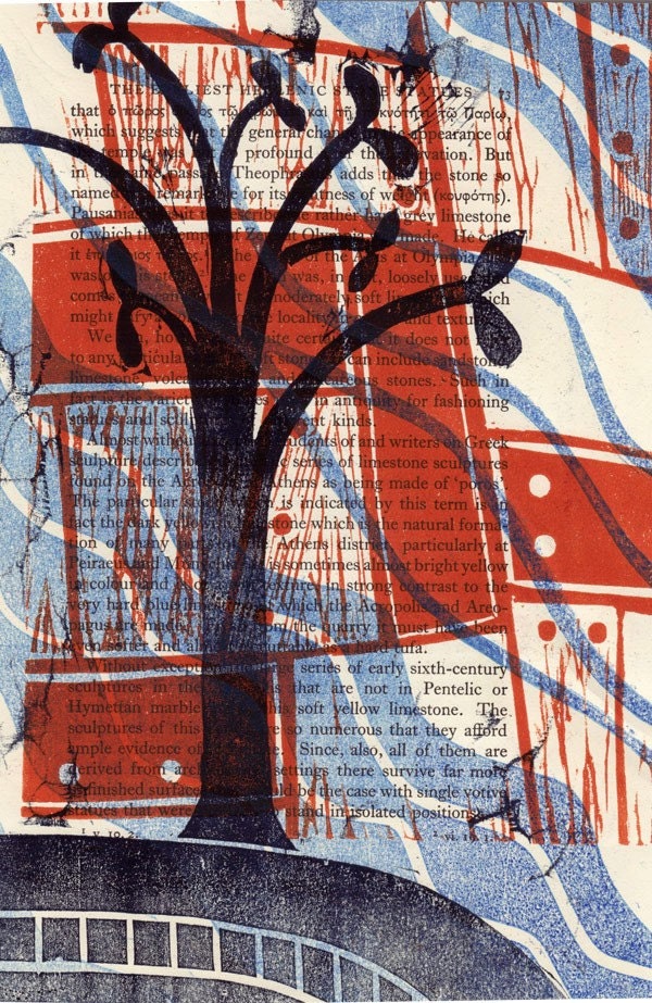 Pentelic - original woodcut print on reclaimed text page