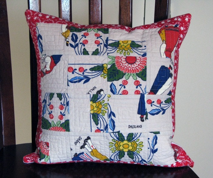 Red and White Quilted Vintage Swedish Pillow Cover