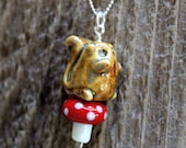Pottery Squirrel Necklace with Red Mushroom - On Sale
