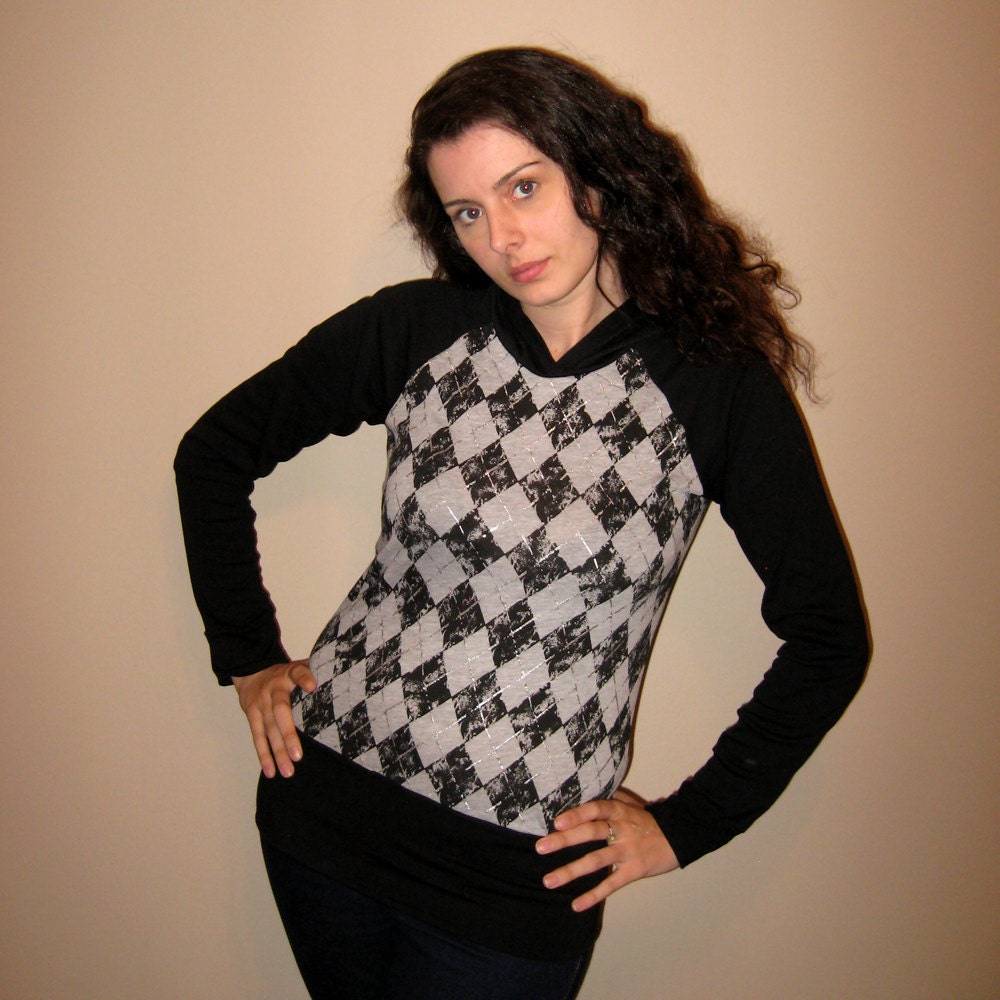 Black and Gray Argyle Hoodie Handmade Top MED SALE