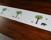 Woodland Tablerunner Trees and Forest Creatures Blue Green Brown Orange