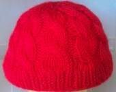 TEEN Hand Knit Winter Hat  - Cabled - Red -  Soft and warm