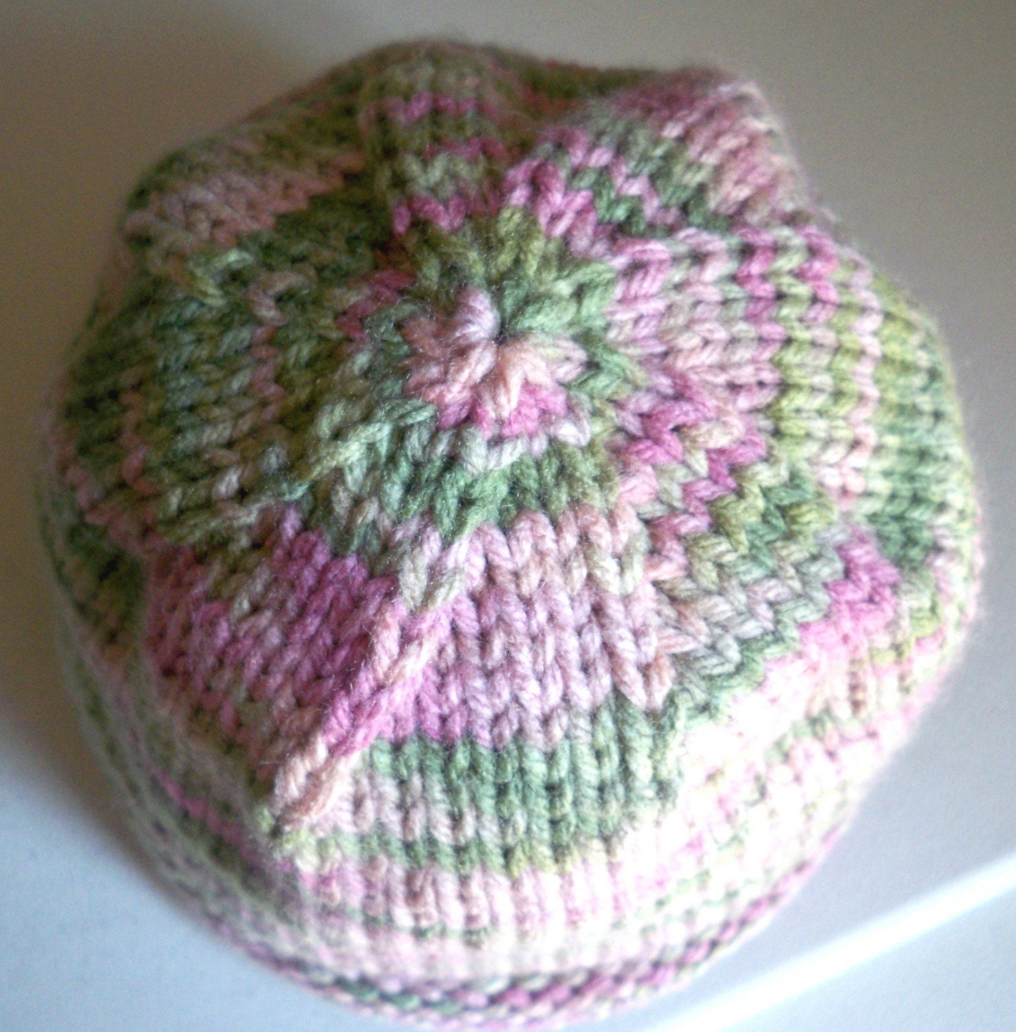 Hand Knit Baby Hat -  ROSEY POSEY - Rose pink and soft green roll brim