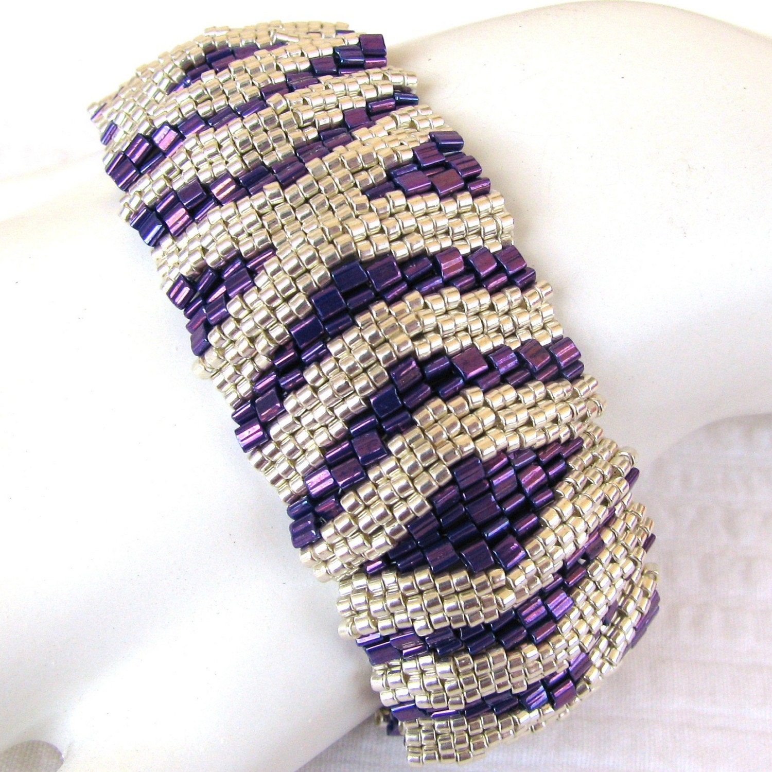 Silver Hugs and Kisses on Purple Peyote Cuff Bracelet (2361) - A Sand Fibers Creation