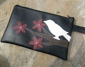 Cherry Blossoms and Bird Black Vinyl Wristlet