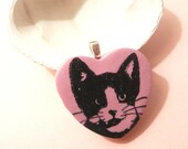 Tuxedo Cat Pendant Pink Heart - handmade polymer clay jewelry