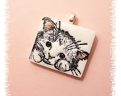 Sweet Cat Pendant pink and white kitty - whimsical hand crafted polymer clay jewelry