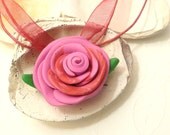 Pink Necklace Flower Jewelry Rose Pendant handmade polymer clay