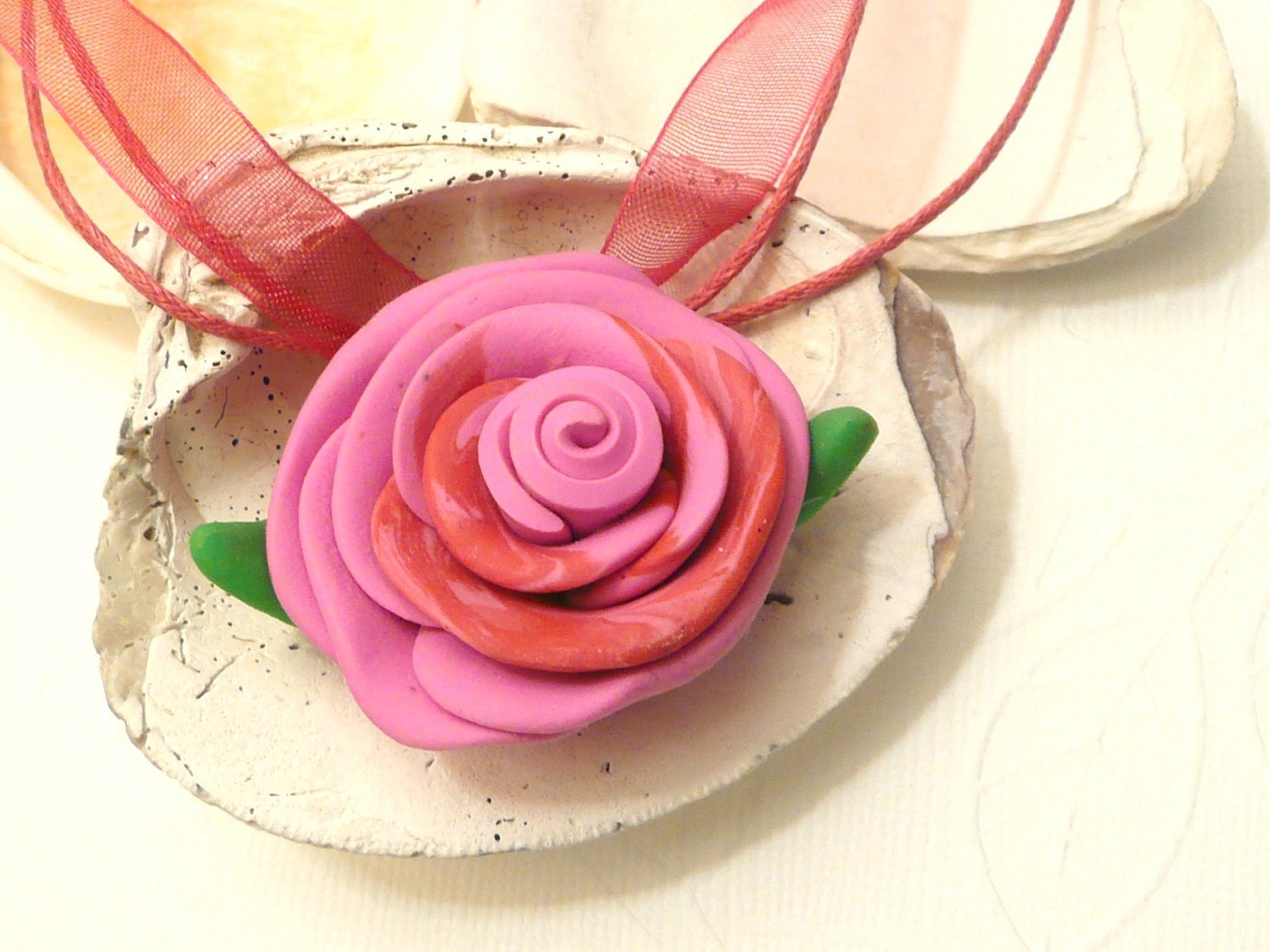 Pink Necklace Flower Jewelry Rose Pendant handmade polymer clay