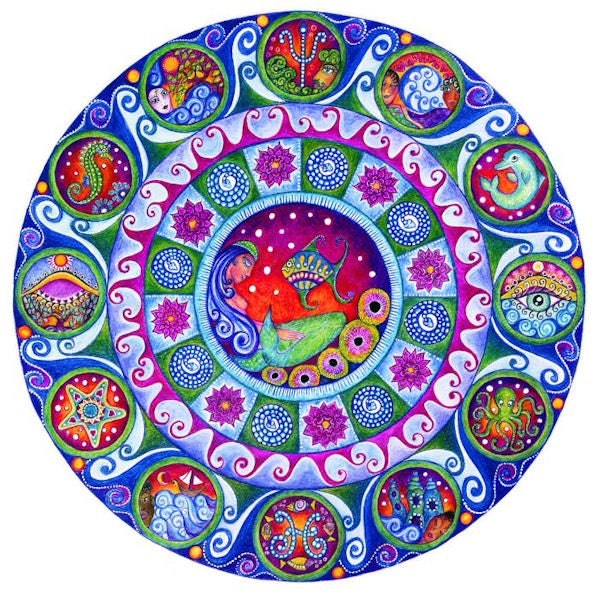 Pisces art astrology mandala print mermaid zodiac wall art meditation yoga decor healing inspirational art