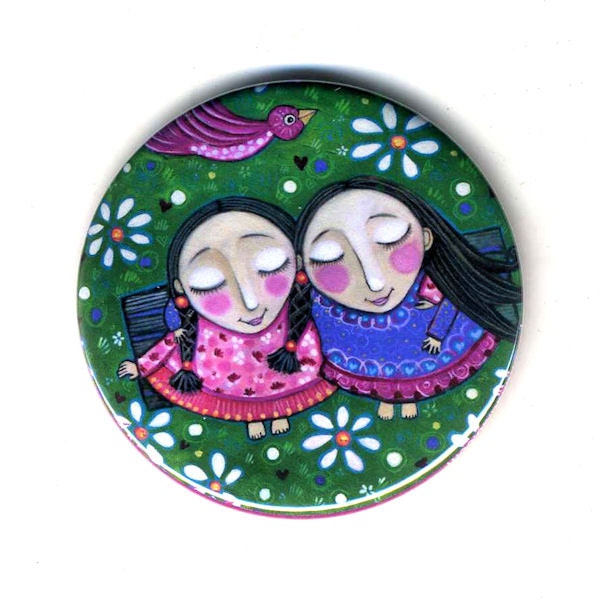 Two Friends Friendship Art Pocket Mirror stocking stuffer birthday favors Whimsical folk Art