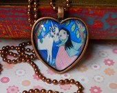Unicorn Girl heart shaped necklace jewelery glass tile antique copper art pendant vintage copper setting ball chain - "Honesty"