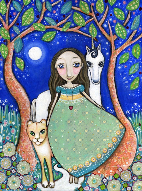 Mixed media art print unicorn picture lioness girls room art childrens wall decor folk art cute - "Calling"