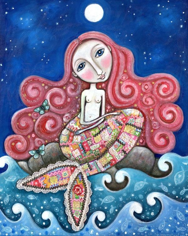 Mermaid art whimsical folk print romantic wall decor women girl red hair paper patchwork mixed media painting - "Plenty of Fish In the Sea"