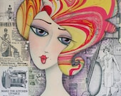 Whimsical Girl Folk Art - Mixed Media Art Print - Girly Sexy Big Eyed Woman