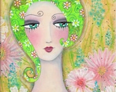 Whimsical Girl Art - Funky Hair Folk Art Print - Take Time to Smell the Flowers