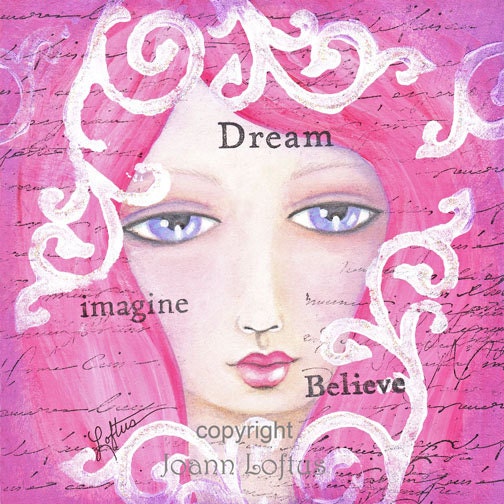 Inspirational Art Whimsical Girly Girl Pink Hair - Dream Imagine Believe