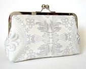 Wedding Clutch Kisslock Metallic Frame Silk Lined Silver and White Lace Bridesmaid Bride Preppy Bridal