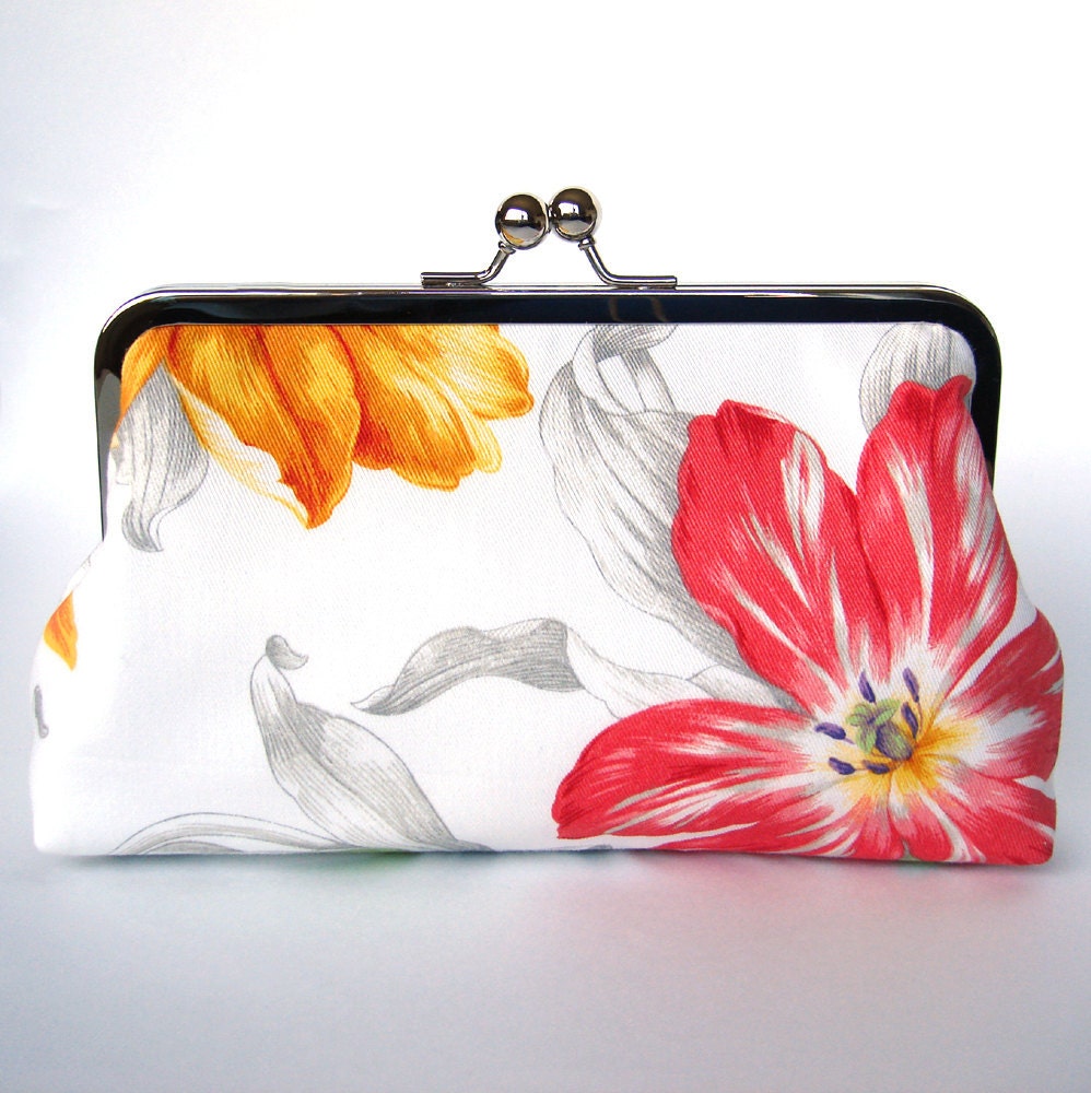 Clutch Frame Kisslock Purse Silk Lined Tulip Flower Print Bridesmaid Bride Wedding Gifts