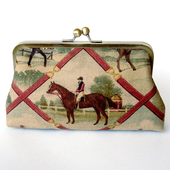 Kisslock Frame Clutch Silk Lined Jockey and Horse in Cordova Brown Royal Ascot Races Bridesmaid Bride Wedding Gifts Preppy